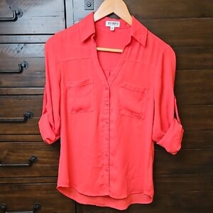 Express Coral/Hot Pink Button-Front Roll-Sleeve Blouse